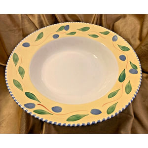 Pier 1 Italian Handpainted 15" Pasta Serving Bowl Blue Grapes on Yellow Rim